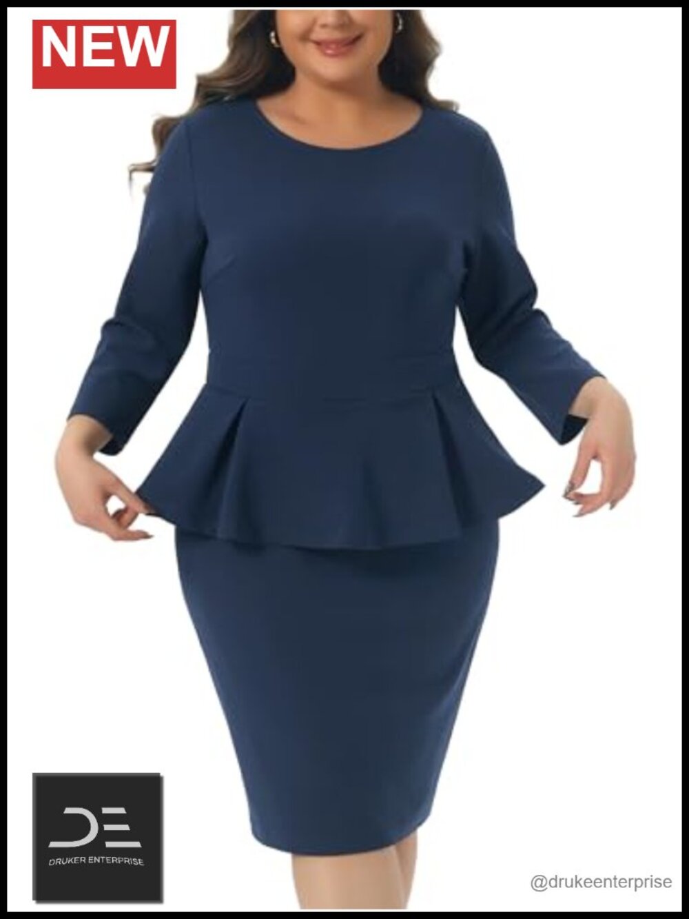 Plus Size Peplum Sheath Dress 3/4 Sleeve Stretch Work Office Business
